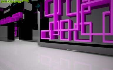 Abstract dynamic interior with black and colored objects. 3D illustration and rendering