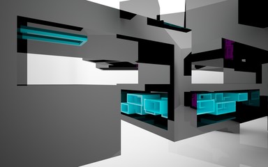 Abstract dynamic interior with black and colored objects. 3D illustration and rendering