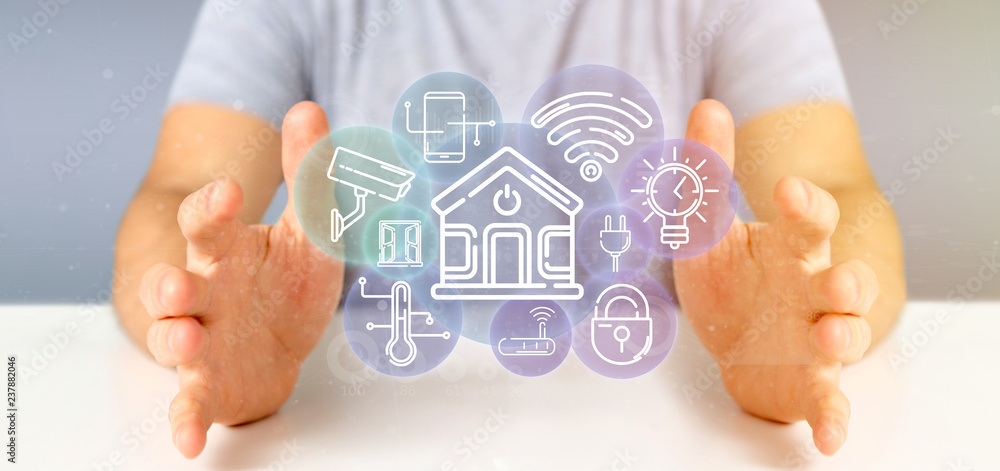 Poster Businessman holding Smart home interface with icon, stats and data 3d rendering