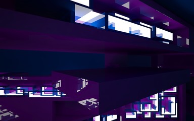 Abstract interior of the future in a minimalist style with violet sculpture. Night view from the backligh. Architectural background. 3D illustration and rendering