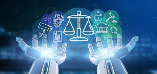 Cyborg hand holding Cloud of justice and law icon bubble with data 3d rendering - Powered by Adobe
