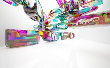 Fototapeta na wymiar abstract architectural interior with colored smooth glass sculpture. 3D illustration and rendering