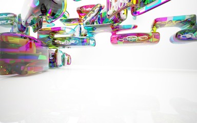 abstract architectural interior with colored smooth glass sculpture. 3D illustration and rendering