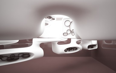 Abstract dynamic brown interior with white smooth objects . 3D illustration and rendering