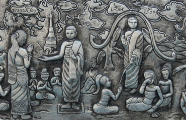 Thai style silver carving art on temple wall , Wat Srisuphan ,Chiang Mai, Thailand.