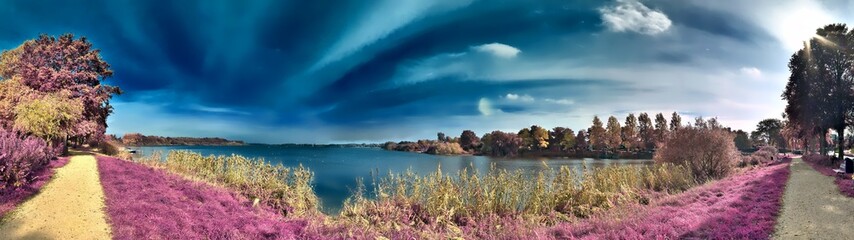 Fantasy infrared landscape with trees and a deep blue sky