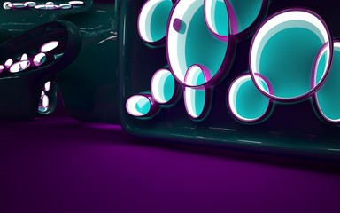 Abstract interior of the future in a minimalist style with violet and green sculpture. Night view from the backligh. Architectural background. 3D illustration and rendering