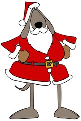Illustration of a brown dog wearing a Santa Claus outfit.