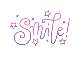 Modern handwritten calligraphy lettering of Smile in pink purple gradient with stars on white background for decoration, poster, banner, greeting card, postcard, advertising, motivation, slogan, motto