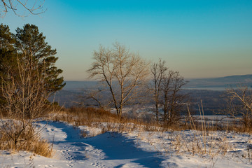 winter, snow, slope, trees, sky, river, mountains, nature, walk
