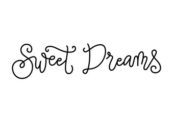 Modern handwritten calligraphy lettering of Sweet dreams in black isolated on white background for decoration, poster, banner, greeting card, postcard, advertising, holidays, valentine, valentines day