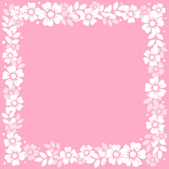 Pink background with frame of white flowers and leaves for decoration, invitation or wedding, poster, valentines day, valentine, lettering or text, advertising, flower shop, mothers day, womans day