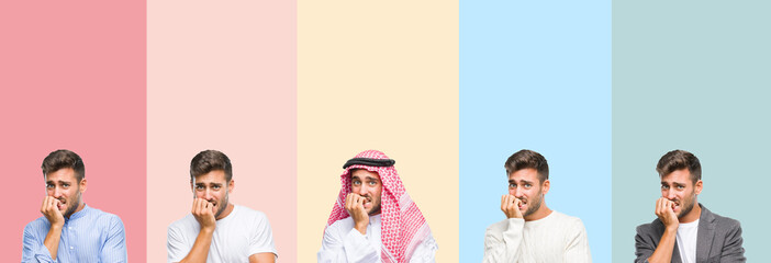 Obraz premium Collage of handsome young man over colorful stripes isolated background looking stressed and nervous with hands on mouth biting nails. Anxiety problem.