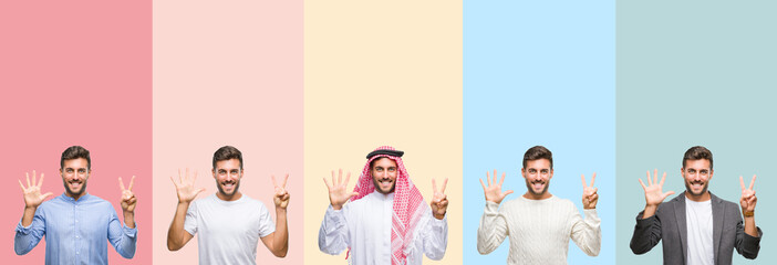 Collage of handsome young man over colorful stripes isolated background showing and pointing up with fingers number seven while smiling confident and happy.