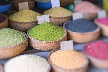 Various spices and seasoning at traditional street market in Hanoi. Spices background. Vietnamese spices. Street market in Vietnam, Asia.