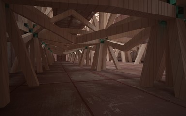 Empty abstract room interior of sheets rusted metal with wood and blue glass. Architectural background. 3D illustration and rendering