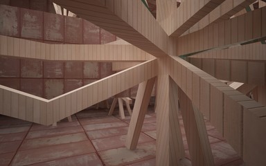 Obraz premium Empty abstract room interior of sheets rusted metal with wood and blue glass. Architectural background. 3D illustration and rendering