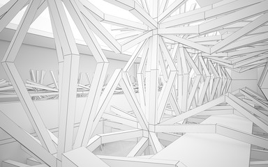 Abstract white interior highlights future. Polygon drawing . Architectural background. 3D illustration and rendering