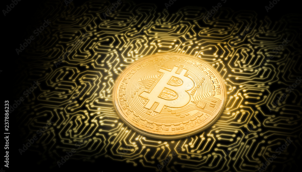 Poster gold bitcoin perspective view on glow computer circuit board on black background. illustrate technol