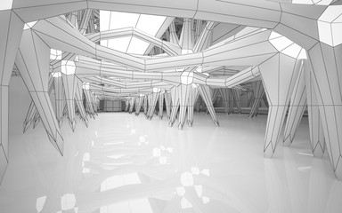 Abstract white interior highlights future. Polygon drawing . Architectural background. 3D illustration and rendering