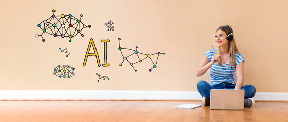 AI with young woman with headphones using a laptop computer and a pencil