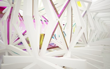 abstract architectural interior with gradient geometric glass sculpture with white lines. 3D illustration and rendering