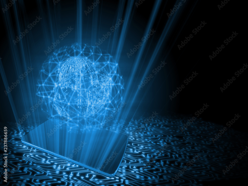 Poster 2d illustration concept of mobile phone technology driven world. globe created from binary with mesh