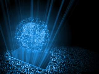 2D illustration concept of Mobile phone technology driven world. Globe created from binary with mesh network wireframe surrounding hologram popup from mobile phone with glowing circuit background
