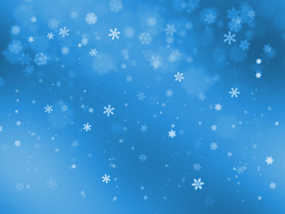 Fototapeta na wymiar Snow flakes (various big and small size) falls from above on blue gradient background. For Christmas, new year celebration, poster, banner, card, gift wrap