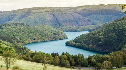 Obraz premium Blick auf die Rur mit Bergen im Nationalpark Eifel