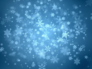 Snow flakes  (various big and small size) swirl from center outward on blue gradient background. For Christmas, new year celebration, poster, banner, card, gift wrap