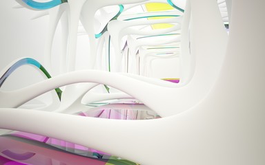 Abstract dynamic interior with white smooth objects and  colored glass lines. 3D illustration and rendering