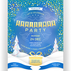 Poster for Christmas party. Invitation flyer with paper cut effect snowdrift, gift and glitter snowfall.