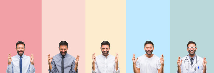 Fototapeta premium Collage of handsome man over colorful stripes isolated background smiling crossing fingers with hope and eyes closed. Luck and superstitious concept.