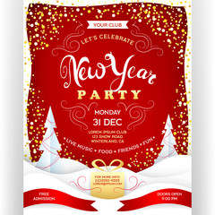 Poster for New Year party. Invitation flyer with paper cut effect details.