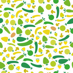 Vector seamless pattern with green vegetables and fruits on white background. Can be used for restaurant or cafe menu, design banners, wrapping paper, print on clothes. EPS10.