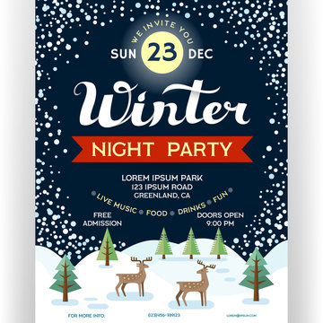 Poster For Winter Night Party. Invitation Flyer With Winter Landscape, Reindeers And Snowfall.