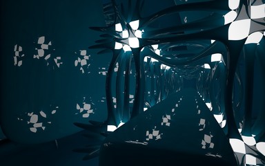 Abstract interior of the future in a minimalist style blue sculpture. Night view from the backligh. Architectural background. 3D illustration and rendering