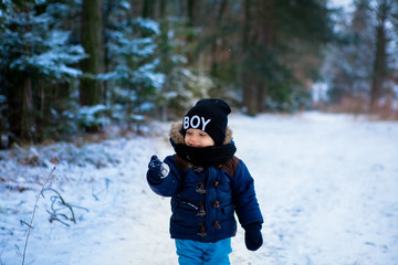 Fototapeta na wymiar Little boy walking in the winter forest