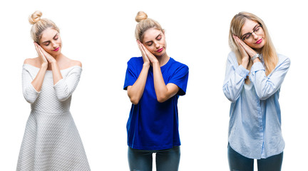 Collage of young beautiful blonde woman over isolated background sleeping tired dreaming and posing with hands together while smiling with closed eyes.