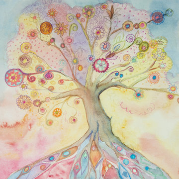 Whimsical tree of life with pastel colors. The dabbing technique near the edges gives a soft focus effect due to the altered surface roughness of the paper..