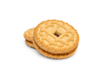 Sandwich cookies with cream on white.