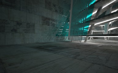 Empty dark abstract concrete room interior with blue glass. Architectural background. Night view of the illuminated. 3D illustration and rendering