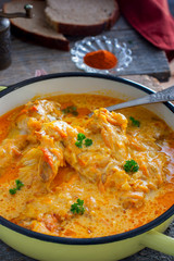 Pumpkin Paprikash with Chicken, selective focus