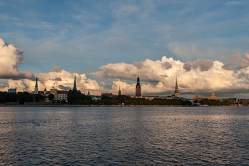 Naklejka premium Riga city, capital of Latvia panoramic view with river Daugava and cable bridge