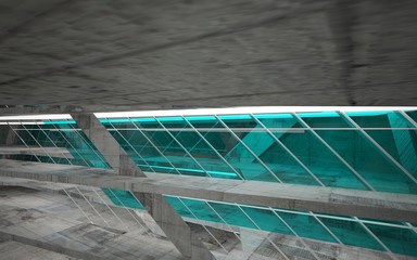 Fototapeta premium Empty dark abstract concrete room interior with blue glass. Architectural background. Night view of the illuminated. 3D illustration and rendering