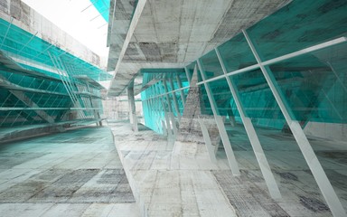 Abstract interior of blue glass and concrete. Architectural background. 3D illustration and rendering 