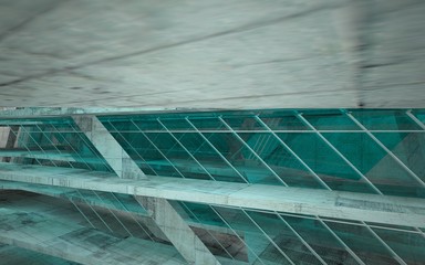Fototapeta premium Abstract interior of blue glass and concrete. Architectural background. 3D illustration and rendering 