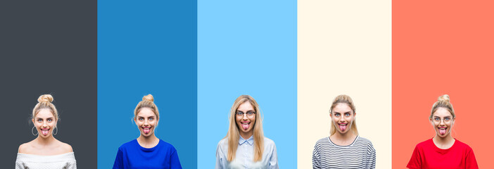 Collage of young beautiful blonde woman over vivid colorful vintage stripes isolated background sticking tongue out happy with funny expression. Emotion concept.