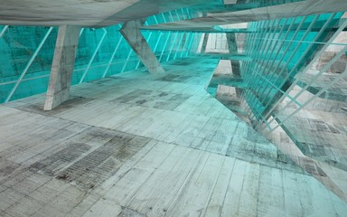 Abstract interior of blue glass and concrete. Architectural background. 3D illustration and rendering 